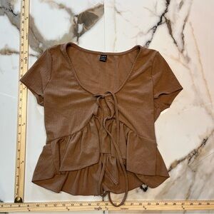 SHEIN Brown Tie-Front Ruffle Crop Top